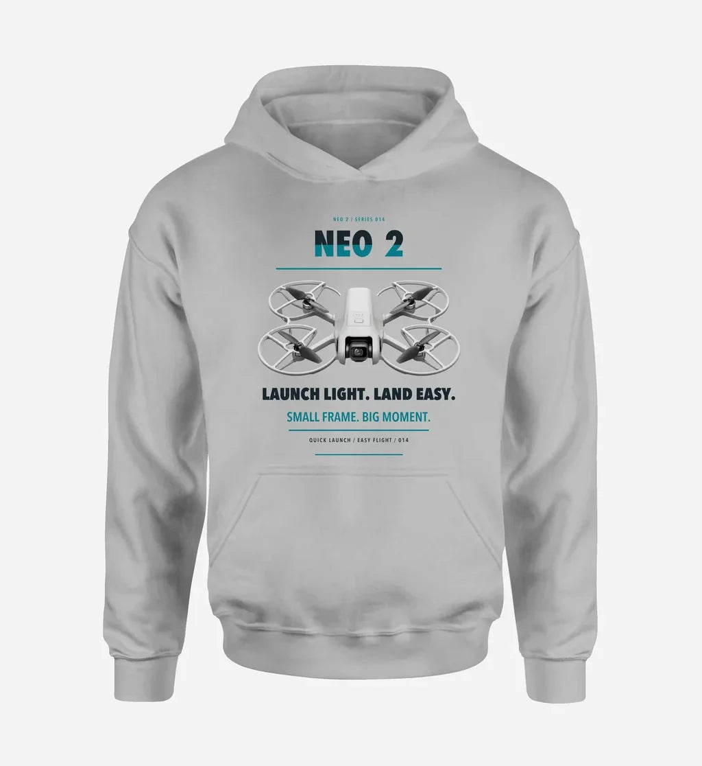 DJI Neo 2 design on light gray hoodie single side