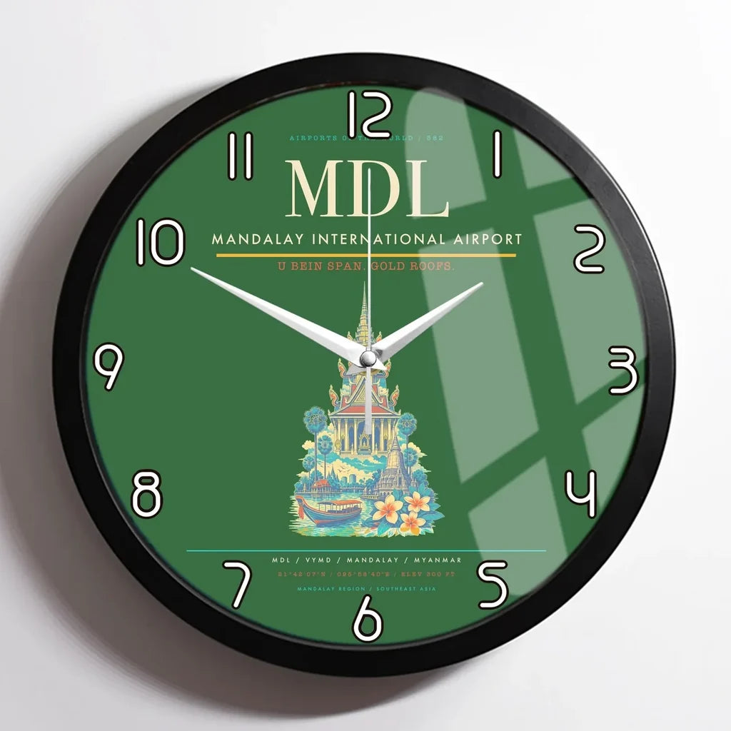 Mandalay International Airport (MDL) design on green framed wall clock