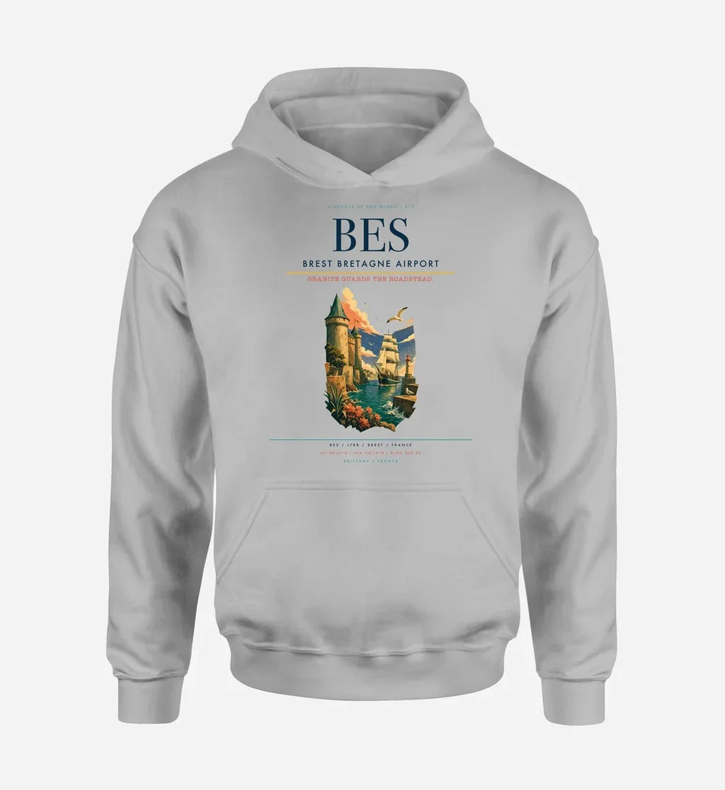 Brest Bretagne Airport (BES) design on light gray hoodie single-side print