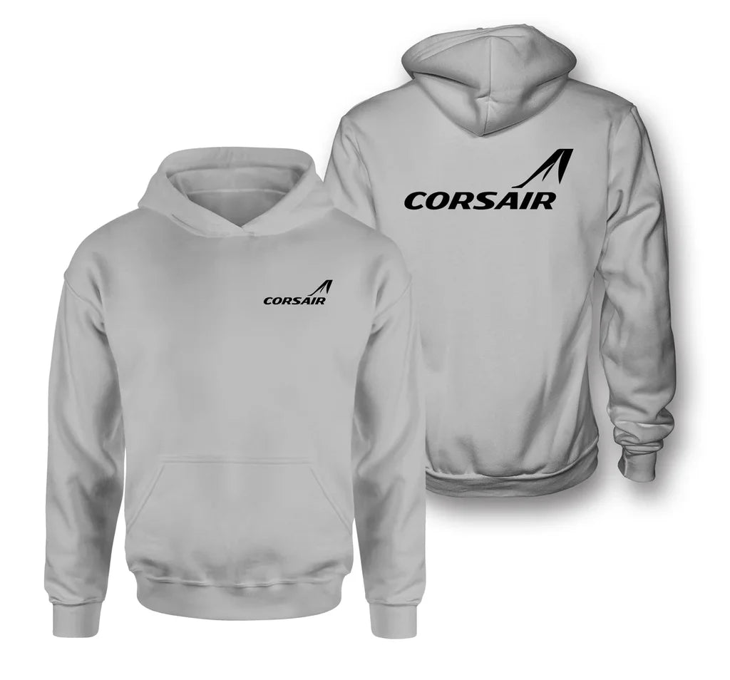 Corsair Airlines logo on light gray double side hoodie