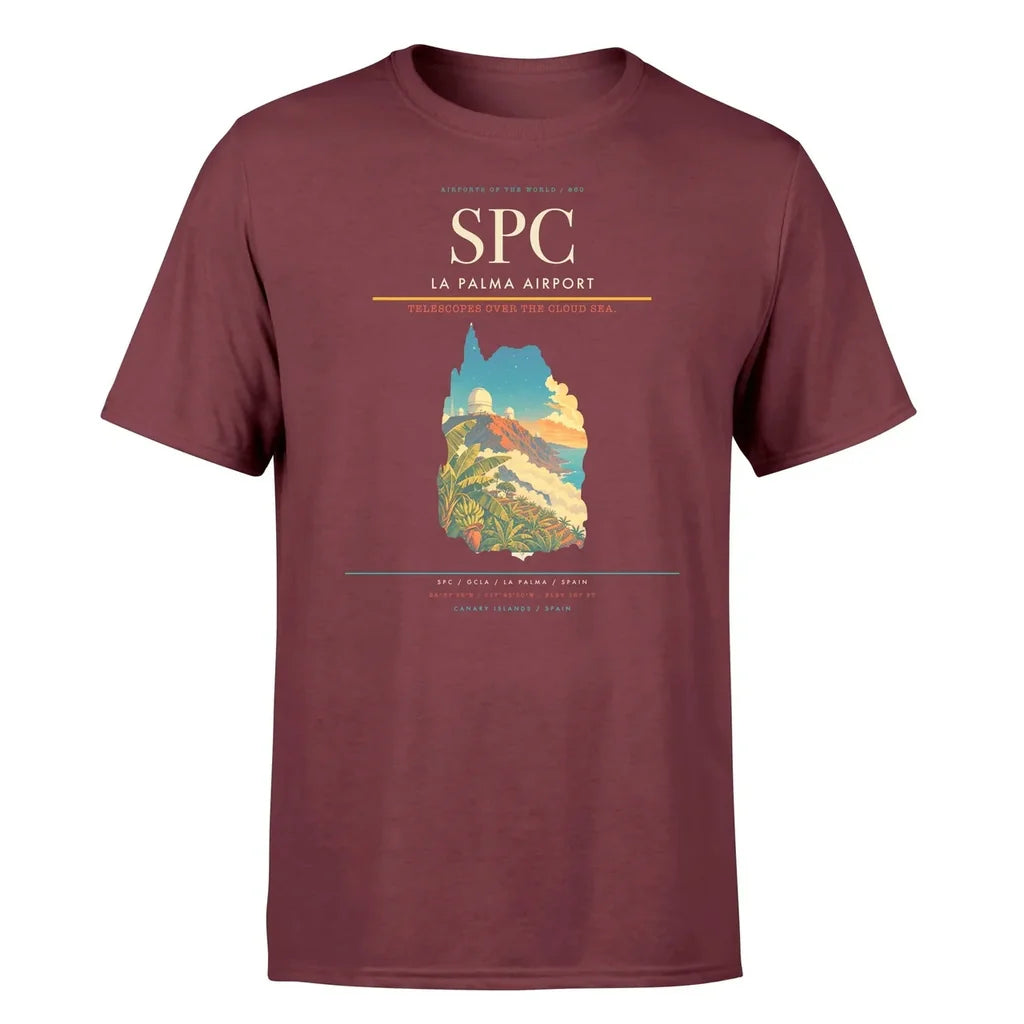 La Palma Airport (SPC) T-Shirt single-side front print in Dark Red | la-palma-airport-spc-double-side-t-shirt