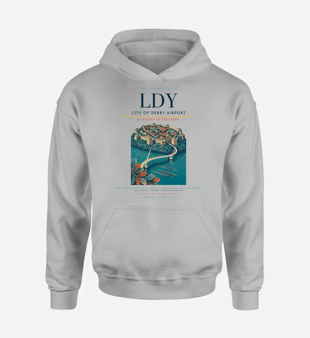 City of Derry Airport (LDY) design on light gray hoodie single-side print