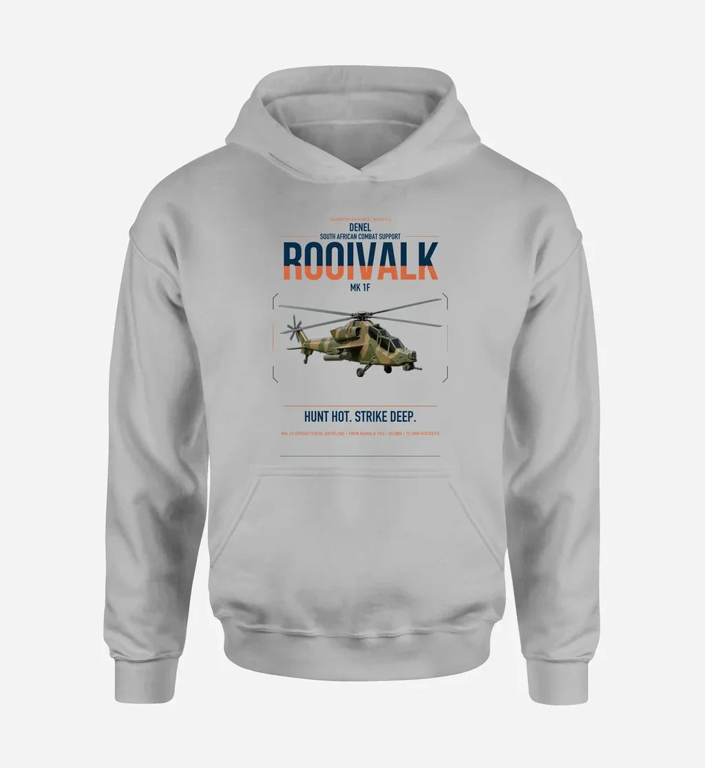 Denel Rooivalk Mk 1F design on light gray double-side hoodie, single-side print