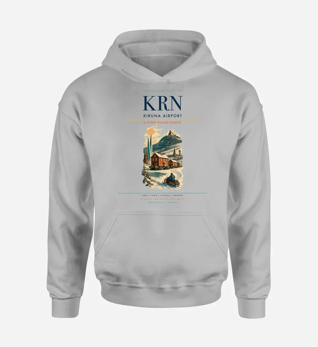 Kiruna Airport (KRN) design on light gray hoodie single-side print