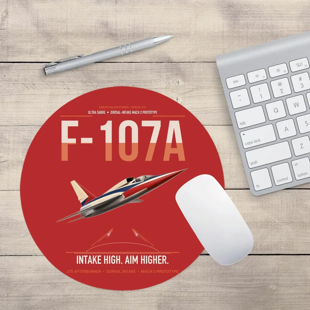 F-107A Ultra Sabre design on red round mouse pad