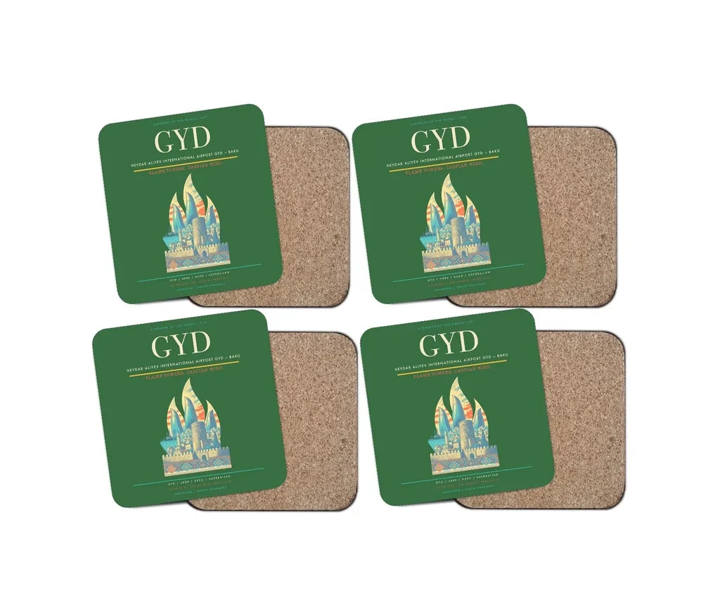 Heydar Aliyev International Airport (GYD) design on green 4 pieces set coaster