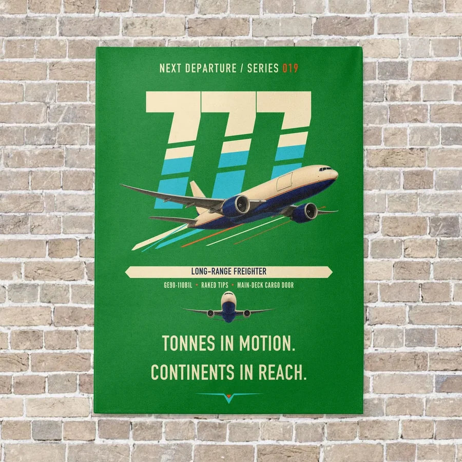 Boeing 777F vertical canvas print - no frame - green background