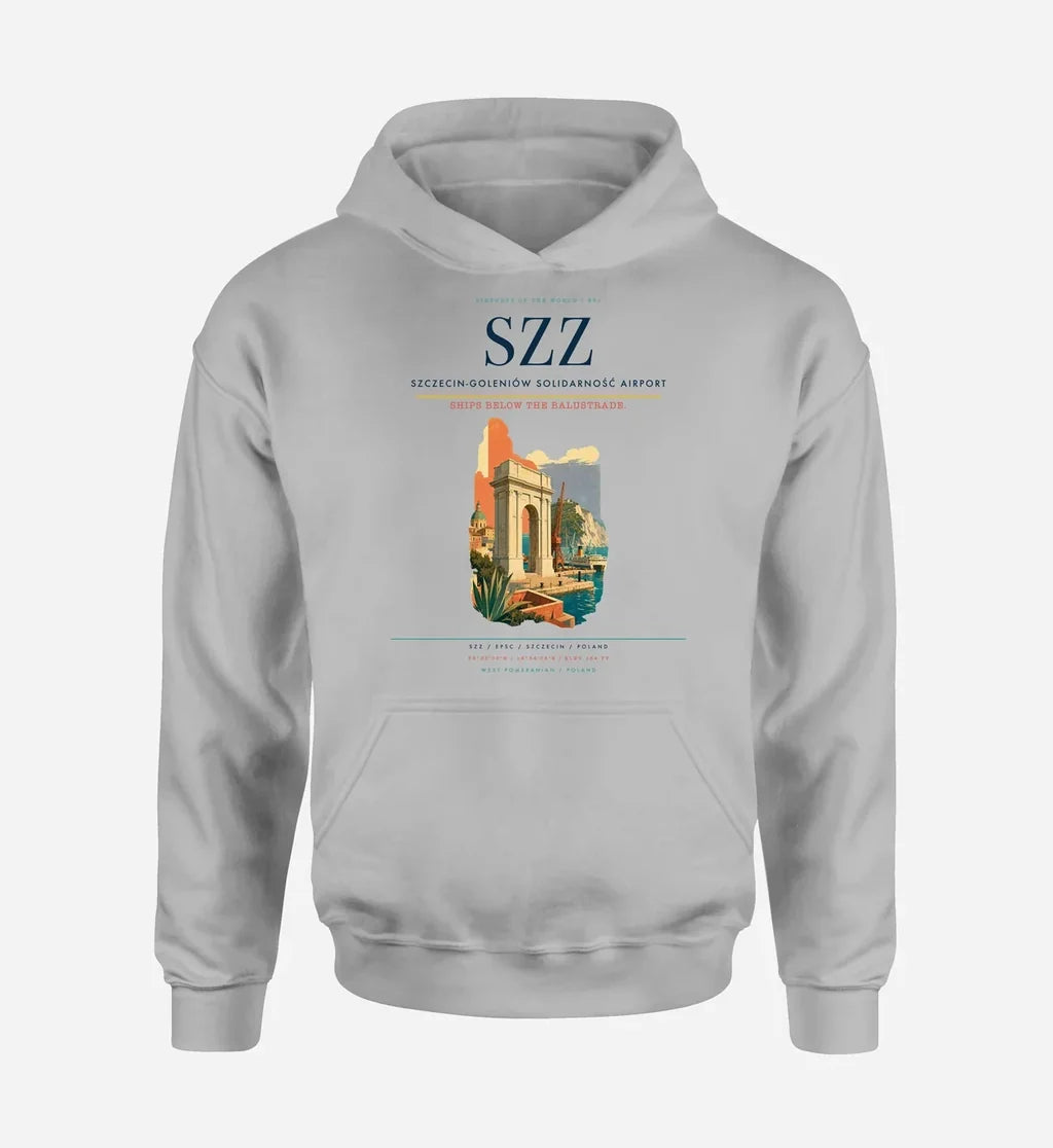 Szczecin-Goleniów Solidarność Airport (SZZ) design on light gray hoodie single-side print