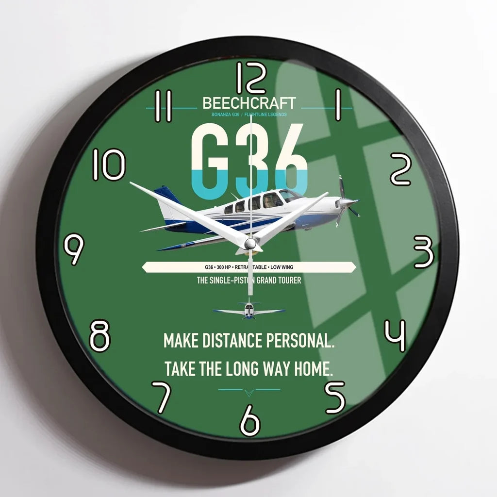 Beechcraft Bonanza G36 design on green framed wall clock
