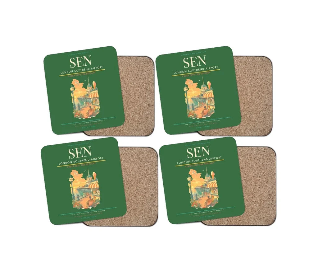 London Southend Airport (SEN) design on green 4 pieces set coaster