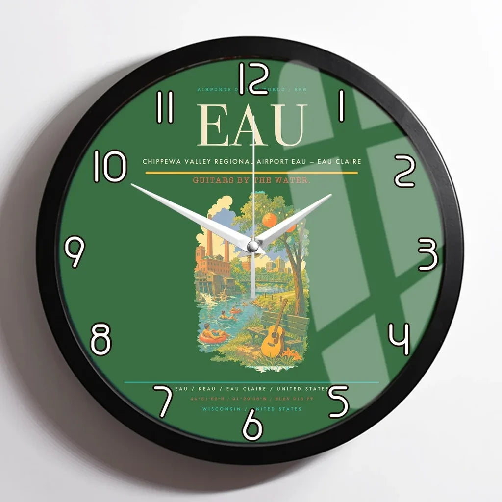 Chippewa Valley Regional Airport (EAU) design on green framed wall clock