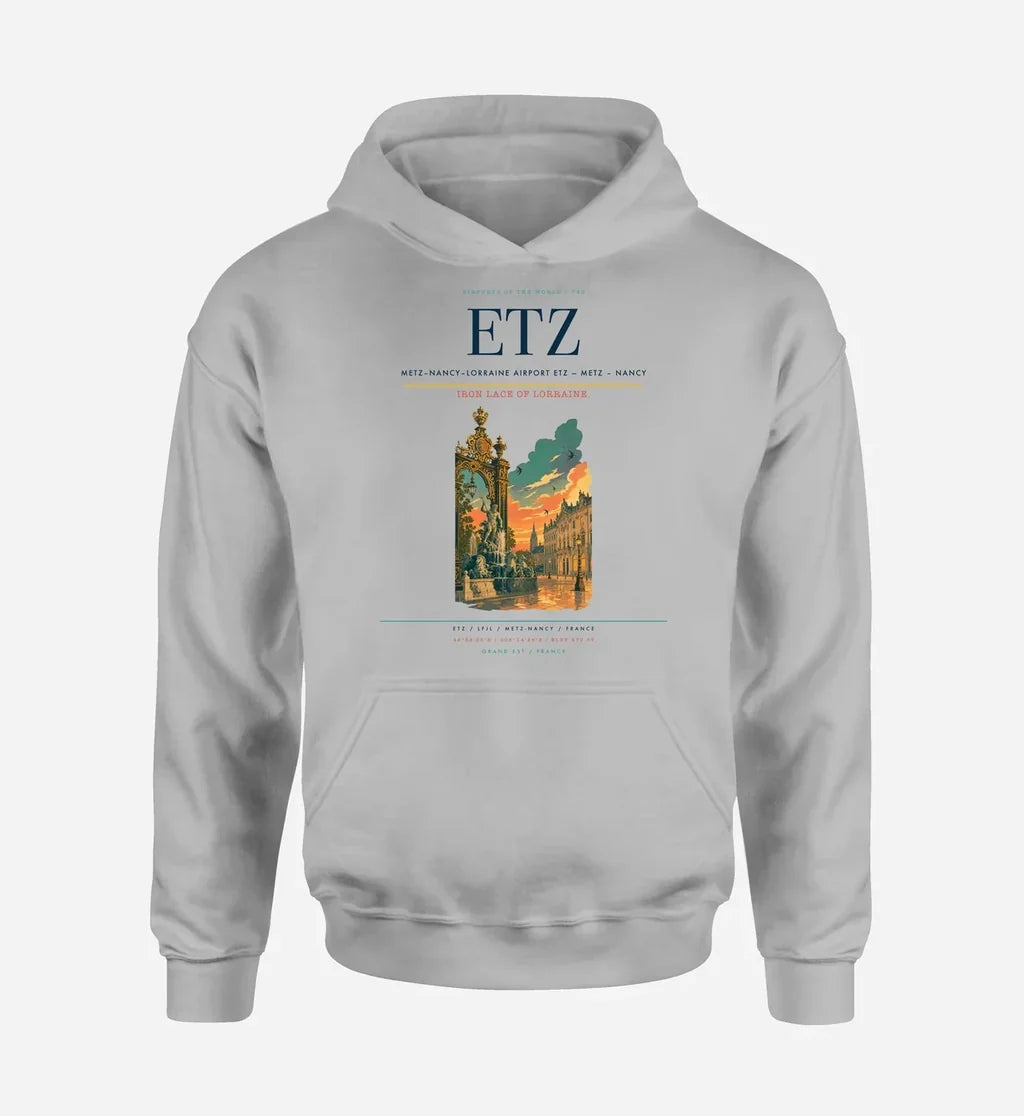 Metz–Nancy–Lorraine Airport (ETZ) design on light gray hoodie single-side print