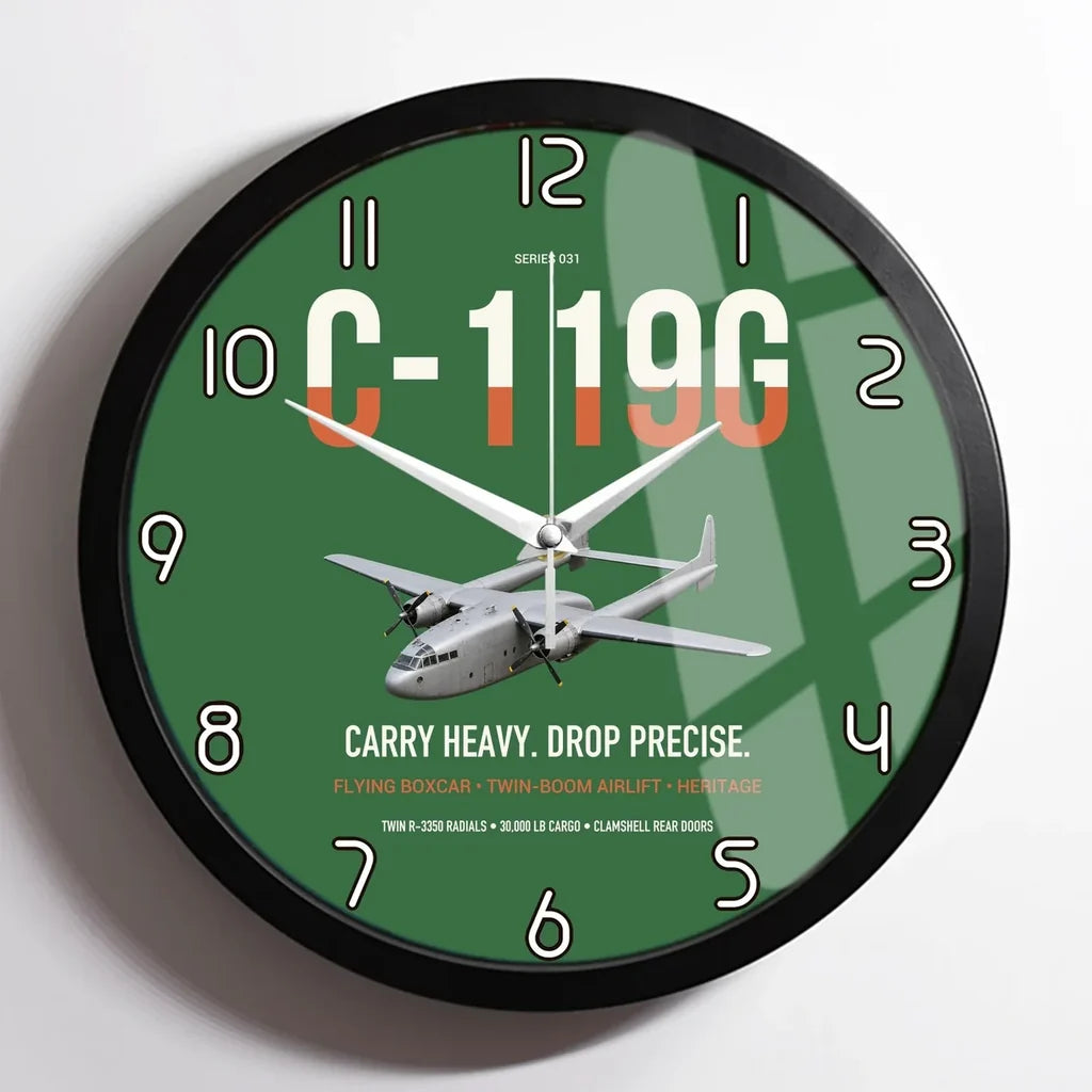 C-119G Flying Boxcar design on green framed wall clock