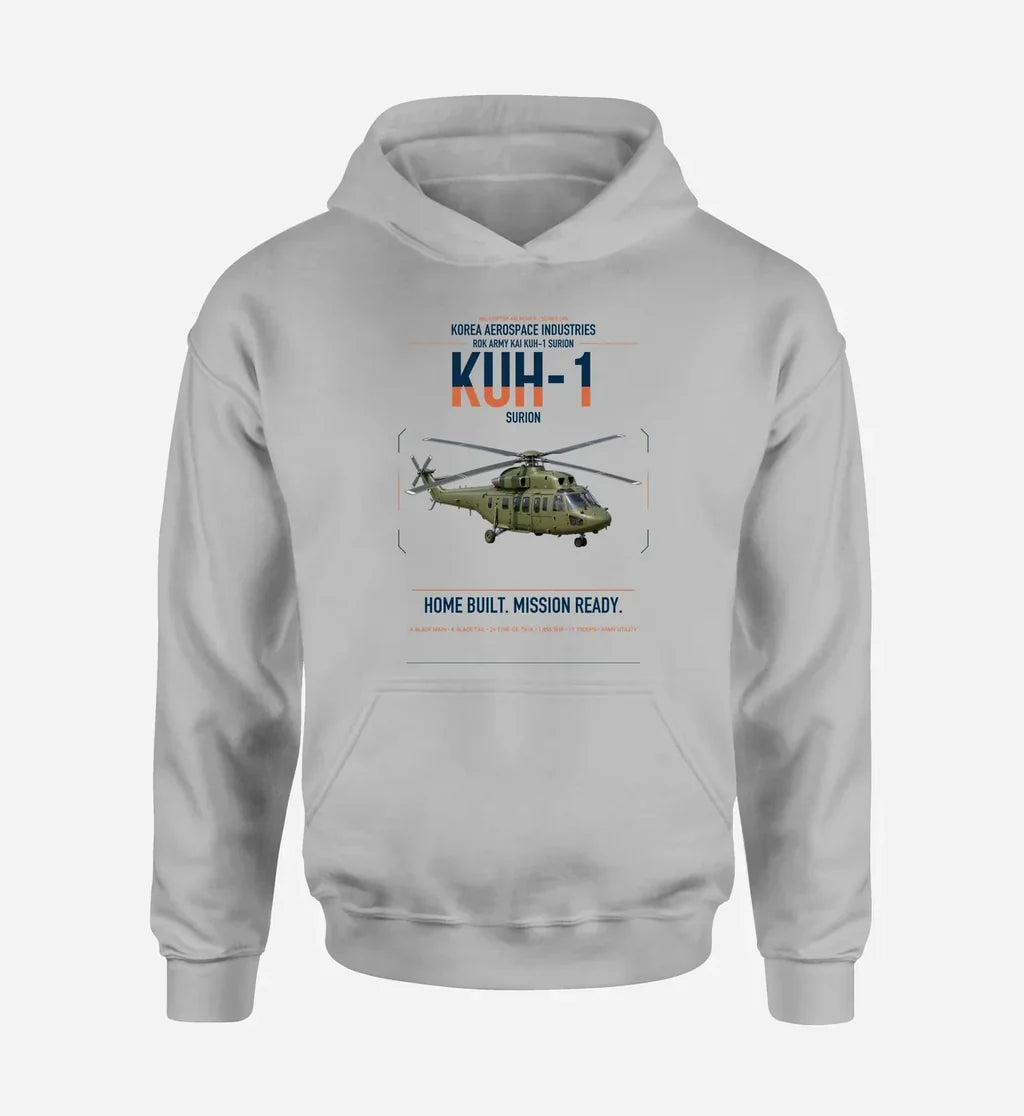 Korea Aerospace Industries KUH-1 Surion design on light gray double-side hoodie, single-side print