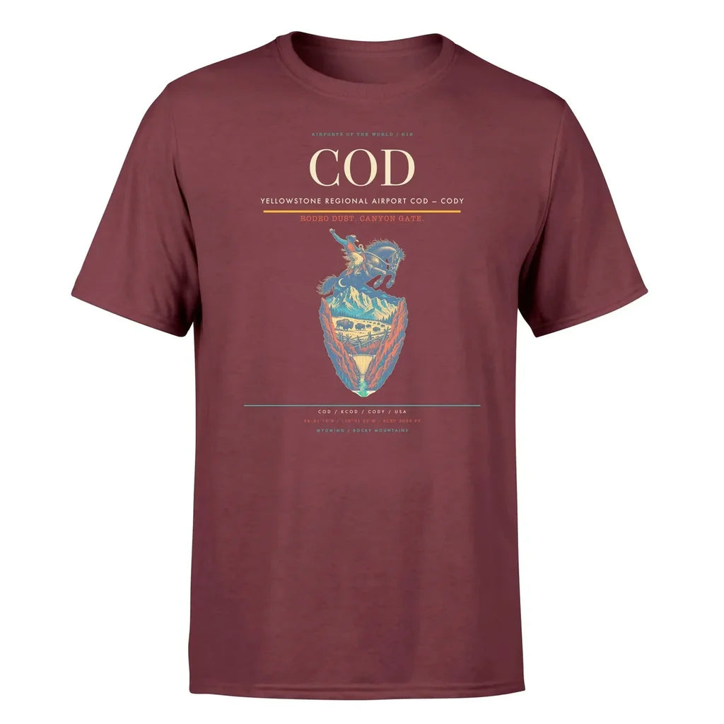 Yellowstone Regional Airport (COD) T-Shirt single-side front print in Dark Red | yellowstone-regional-airport-cod-double-side-t-shirt