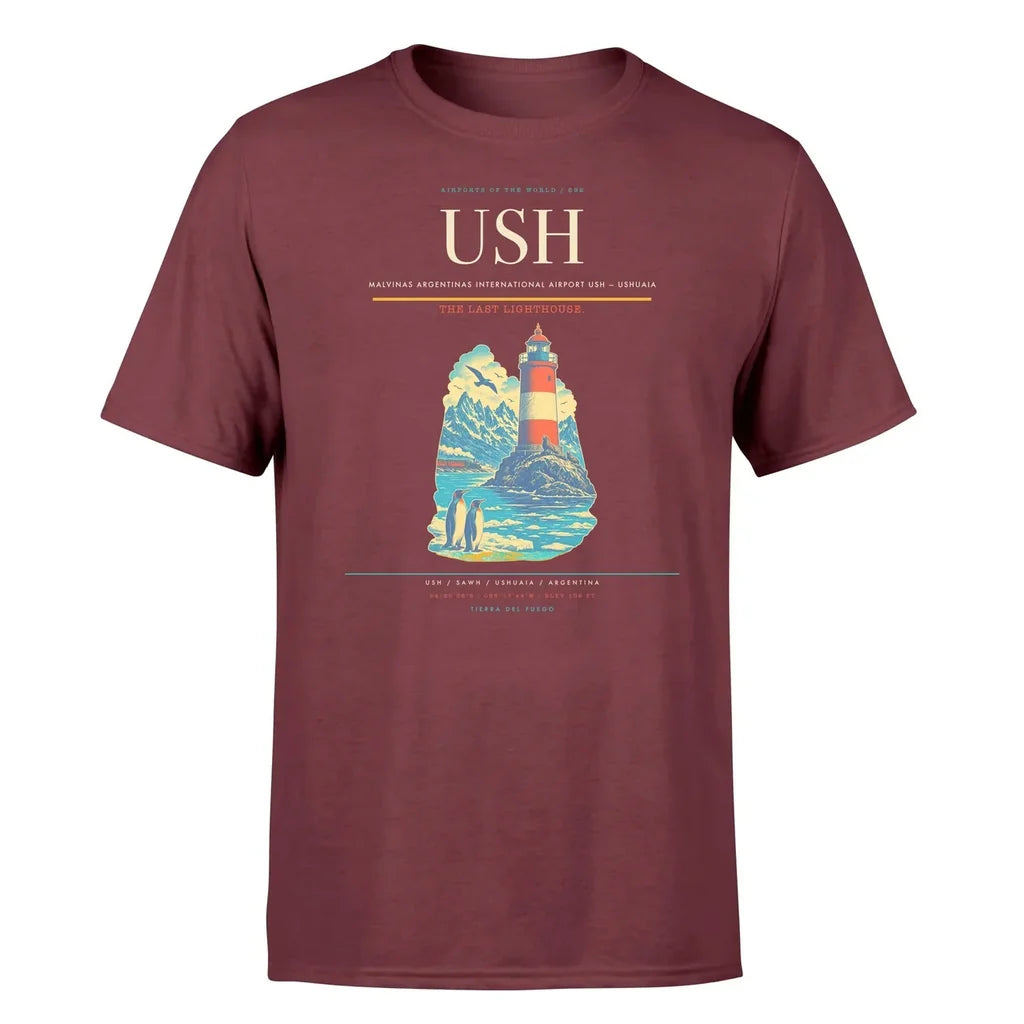 Malvinas Argentinas International Airport (USH) T-Shirt single-side front print in Dark Red | malvinas-argentinas-international-airport-ush-double-side-t-shirt