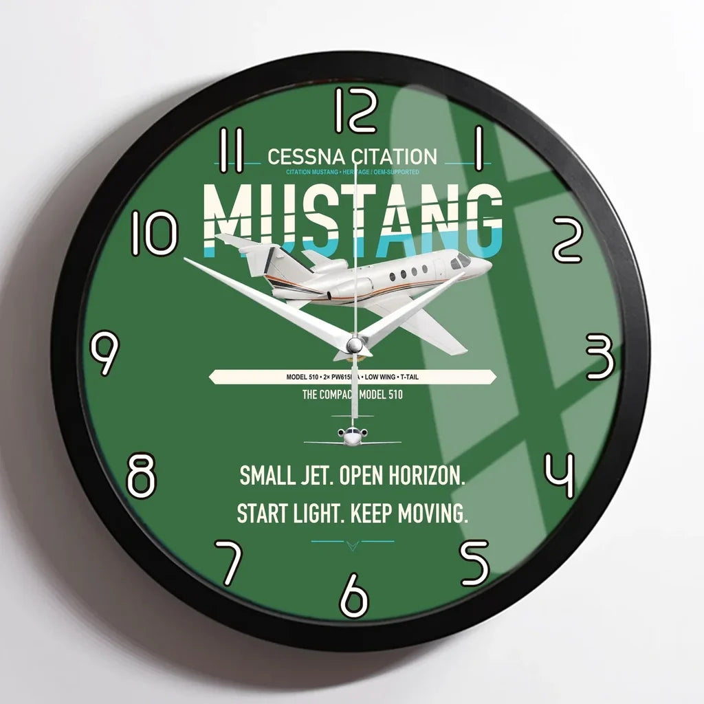 Cessna Citation Mustang design on green framed wall clock