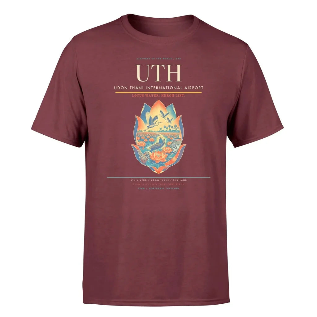 Udon Thani International Airport (UTH) T-Shirt single-side front print in Dark Red | udon-thani-international-airport-uth-double-side-t-shirt
