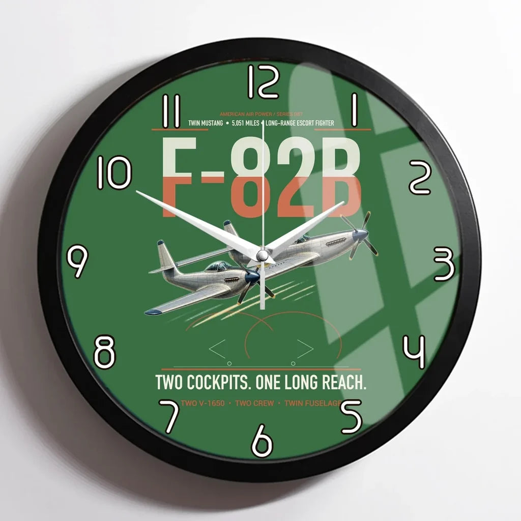 F-82B Twin Mustang design on green framed wall clock