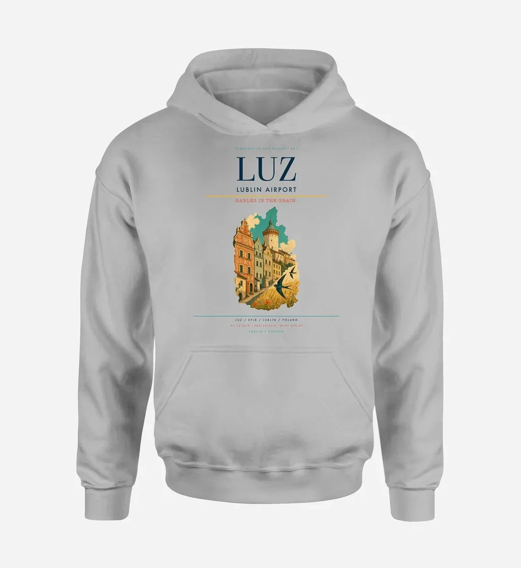 Lublin Airport (LUZ) design on light gray hoodie single-side print
