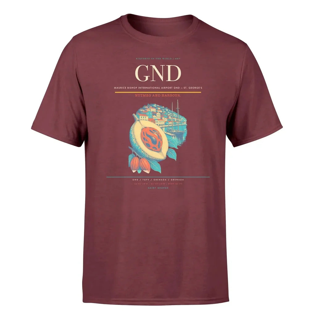 Maurice Bishop International Airport (GND) T-Shirt single-side front print in Dark Red | maurice-bishop-international-airport-gnd-double-side-t-shirt