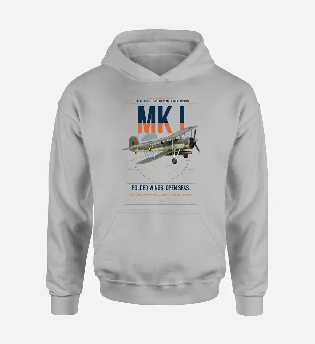 Fairey Swordfish Mk I design on light gray double-side hoodie, single-side print