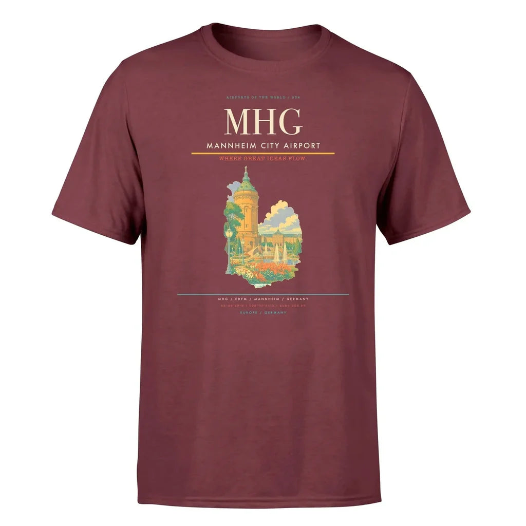 Mannheim City Airport (MHG) T-Shirt single-side front print in Dark Red | mannheim-city-airport-mhg-double-side-t-shirt