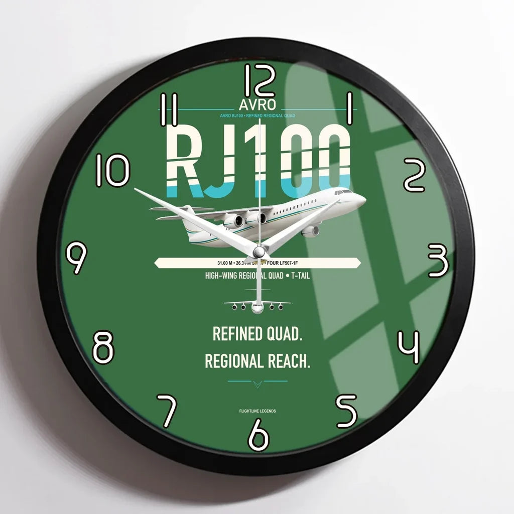 Avro RJ100 design on green framed wall clock