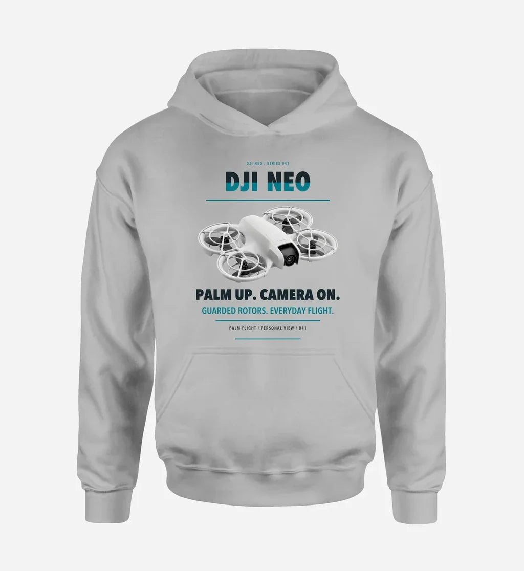 DJI Neo design on light gray hoodie single side