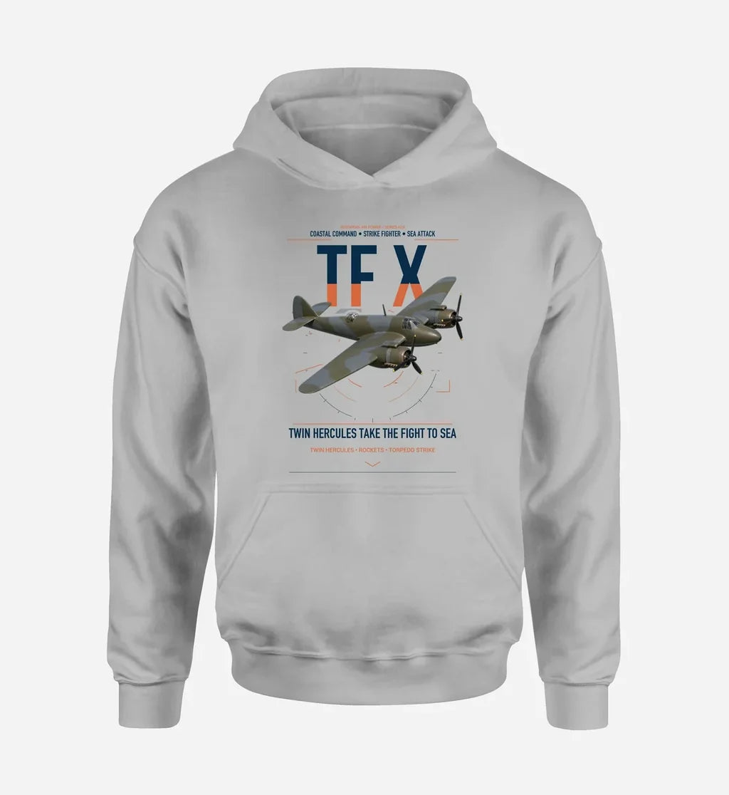 Bristol Beaufighter TF X design on light gray double-side hoodie, single-side print