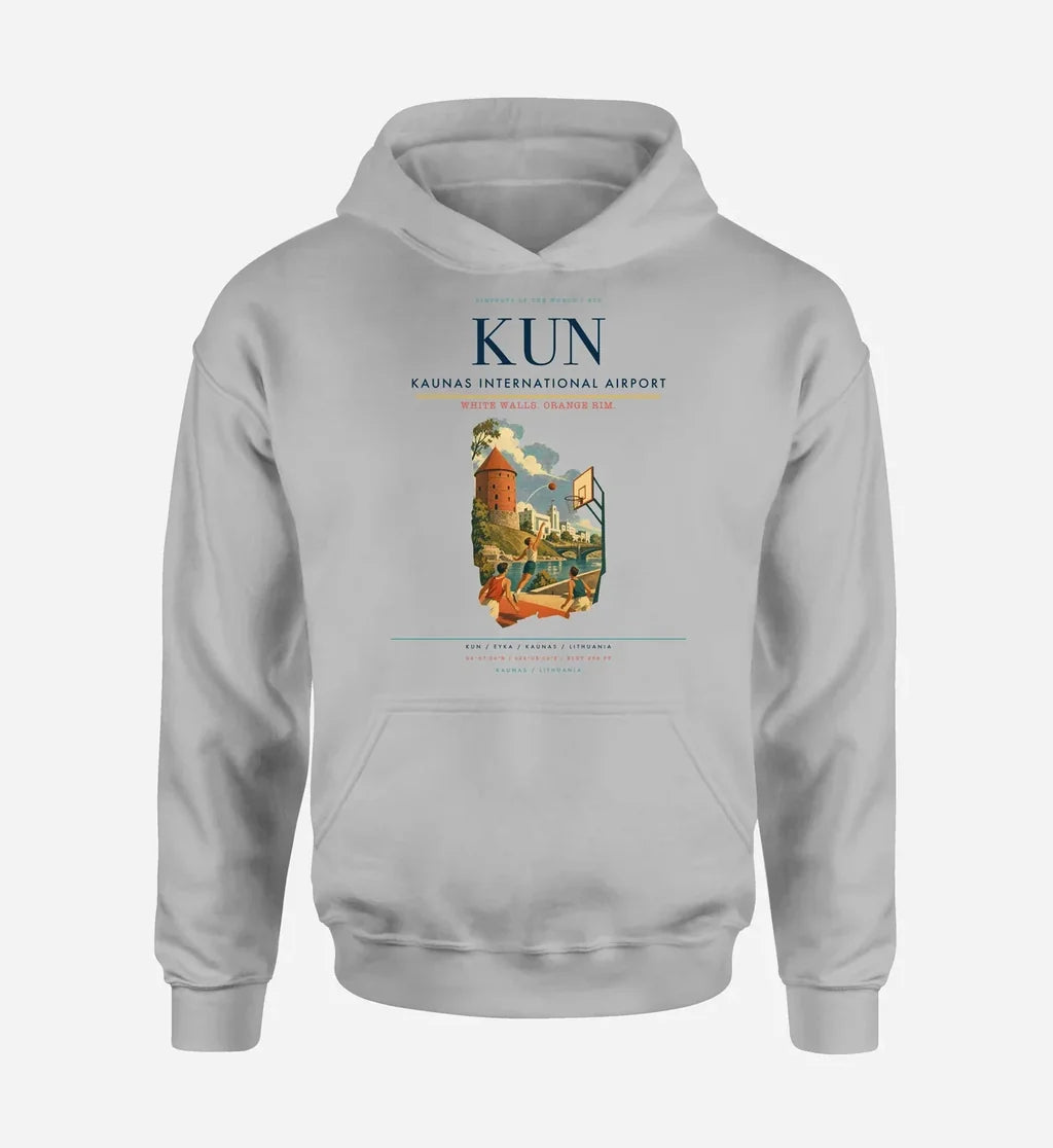 Kaunas International Airport (KUN) design on light gray hoodie single-side print