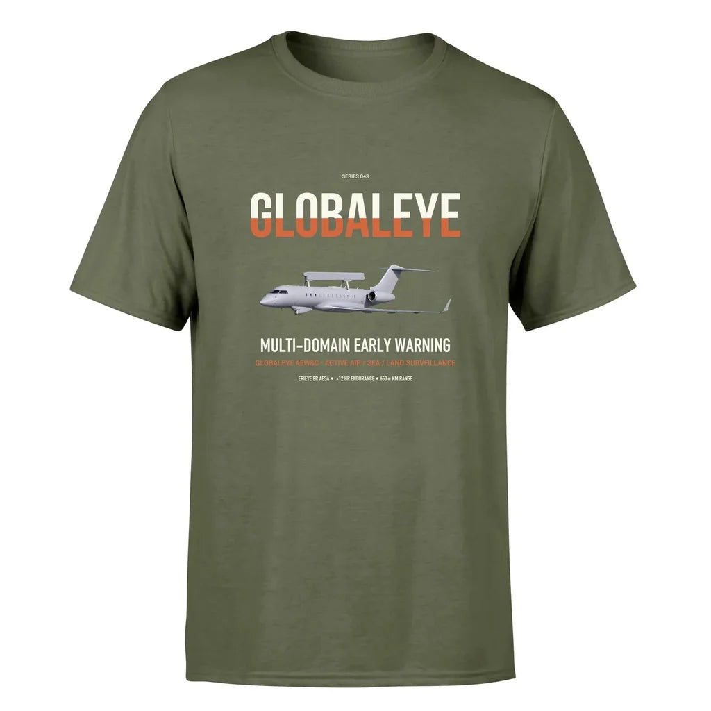 Saab GlobalEye design on green army double-side t-shirt, single-side print