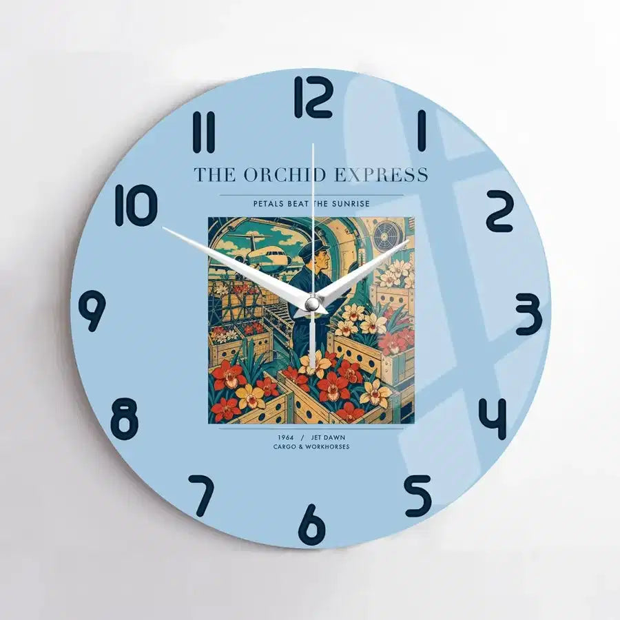 VINTAGE G4233 - The Orchid Express - Designed Wall Clocks design on lightblue no-frame