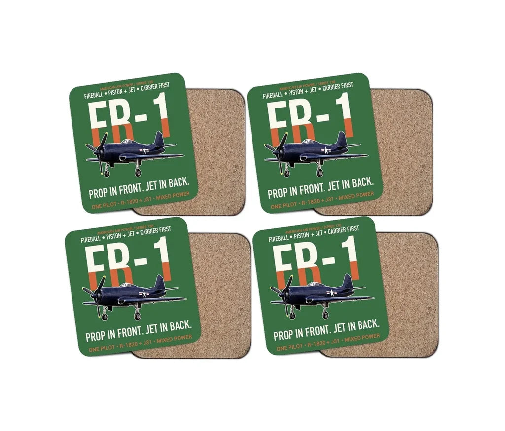 FR-1 Fireball Prop in Front Jet in Back design on green 4 pieces set coaster