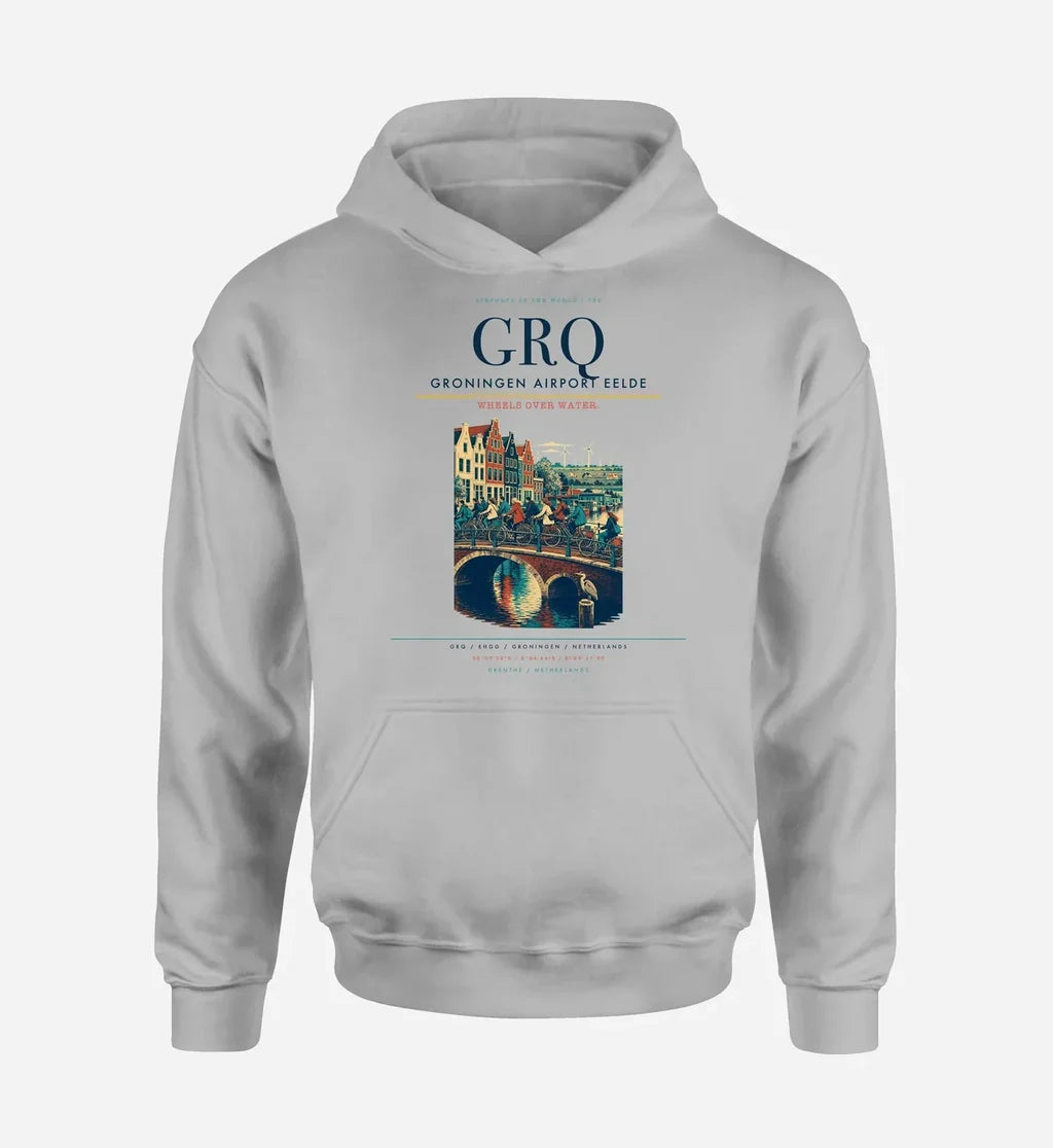 Groningen Airport Eelde (GRQ) design on light gray hoodie single-side print
