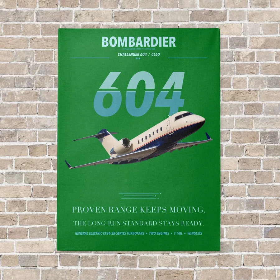 Bombardier Challenger 604 vertical canvas print - no frame - green background