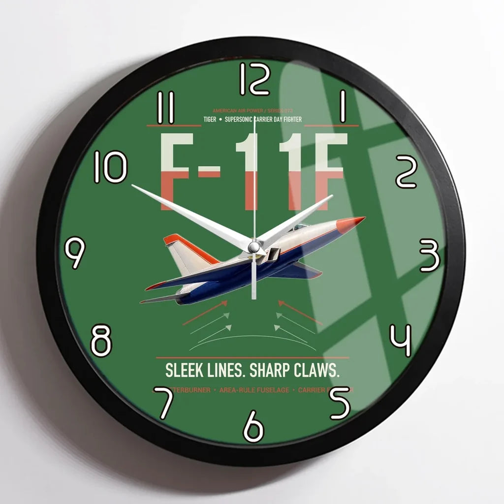 F-11F Tiger design on green framed wall clock