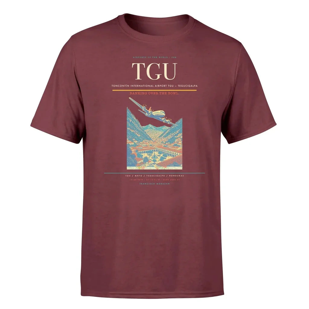 Toncontín International Airport (TGU) T-Shirt single-side front print in Dark Red | toncontín-international-airport-tgu-double-side-t-shirt