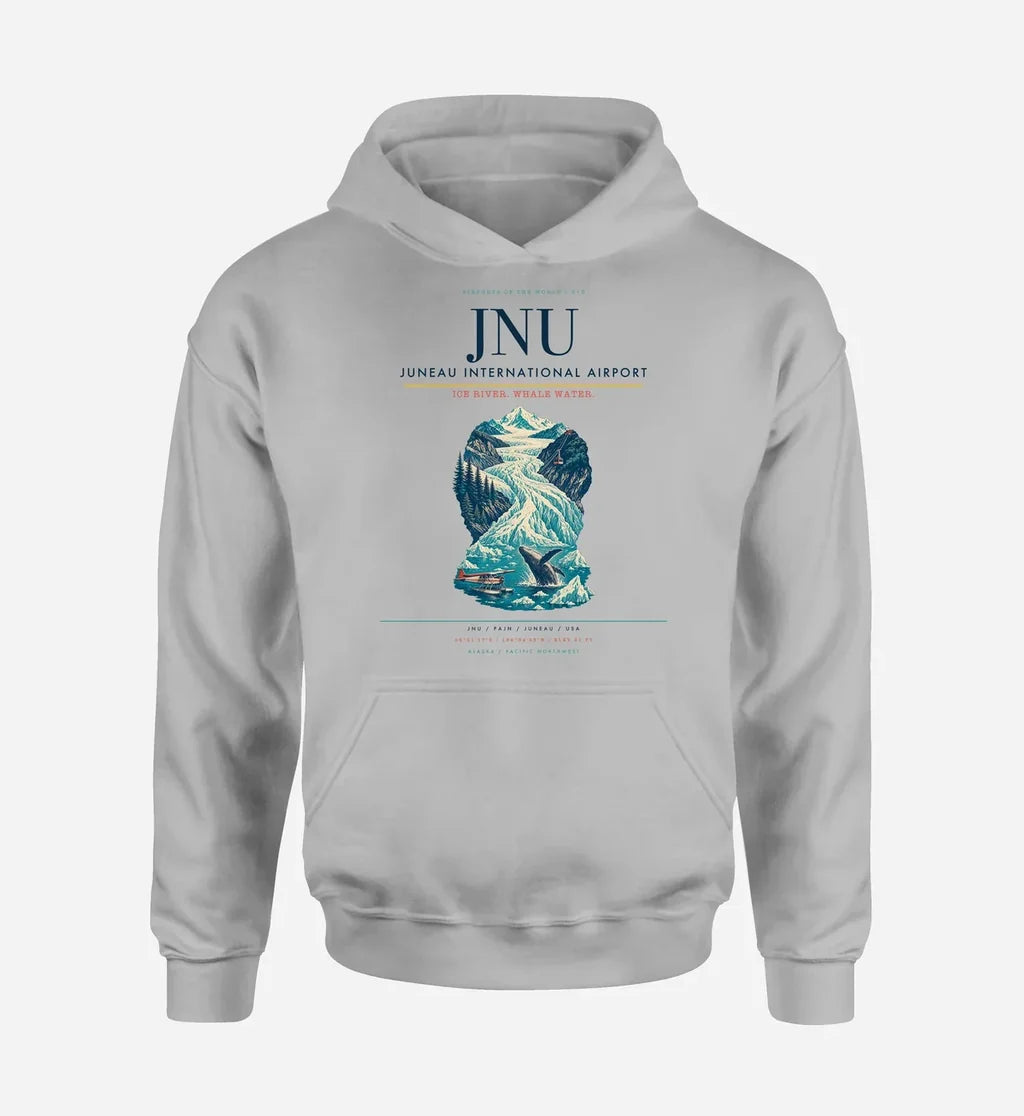 Juneau International Airport (JNU) design on light gray hoodie single-side print