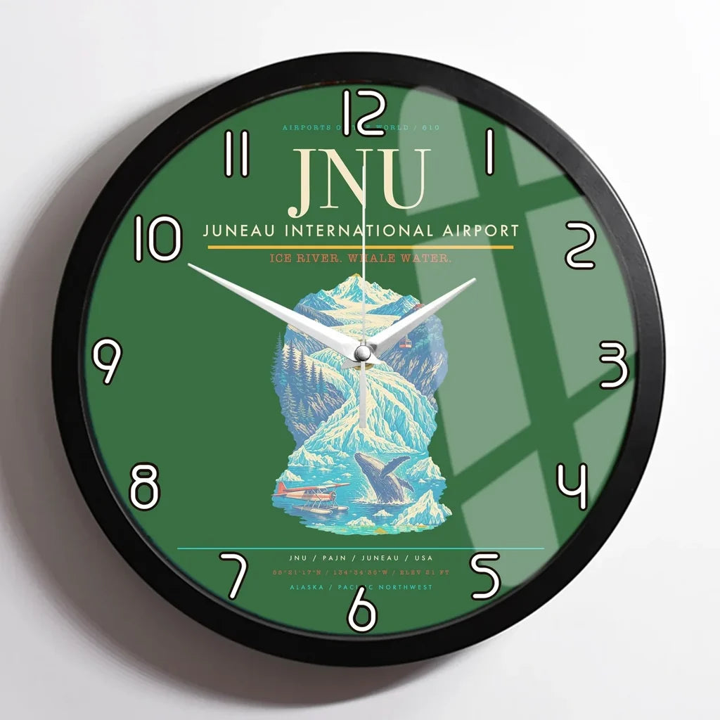 Juneau International Airport (JNU) design on green framed wall clock