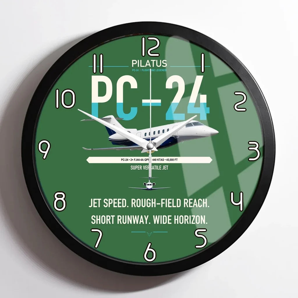 Pilatus PC-24 design on green framed wall clock