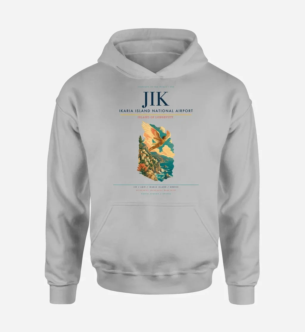 Ikaria Island National Airport (JIK) design on light gray hoodie single-side print