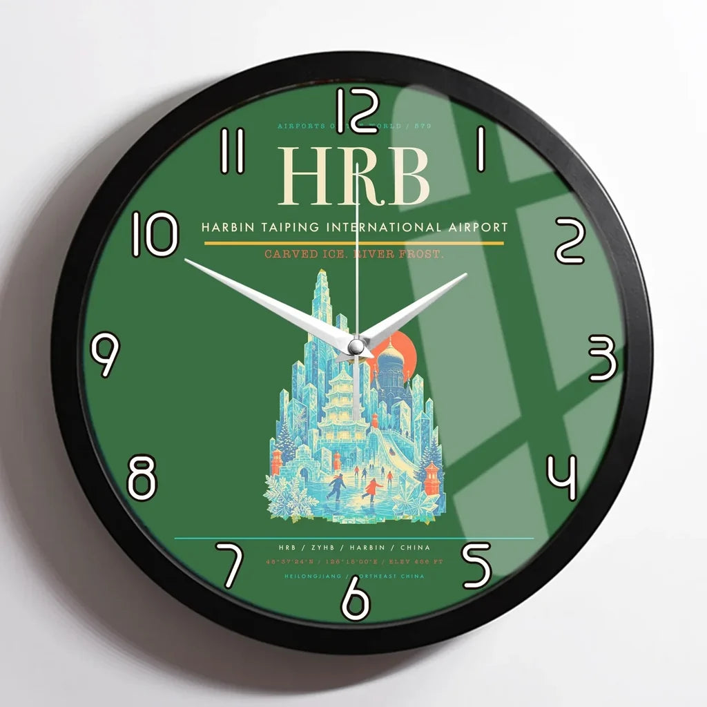 Harbin Taiping International Airport (HRB) design on green framed wall clock