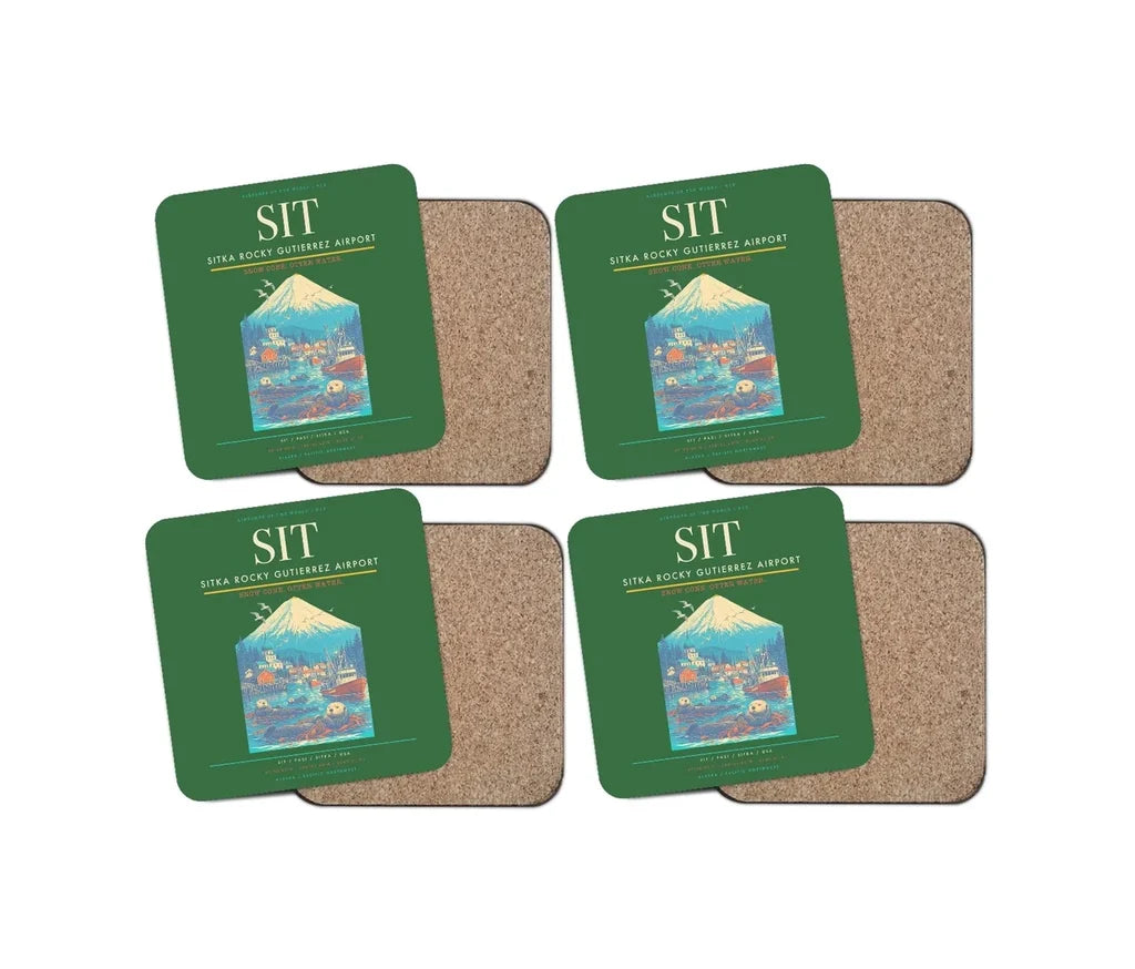 Sitka Rocky Gutierrez Airport (SIT) design on green 4 pieces set coaster