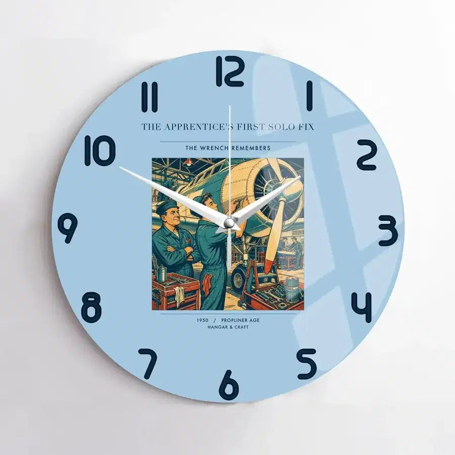 VINTAGE G4173 - The Apprentice's First Solo Fix - Designed Wall Clocks design on lightblue no-frame