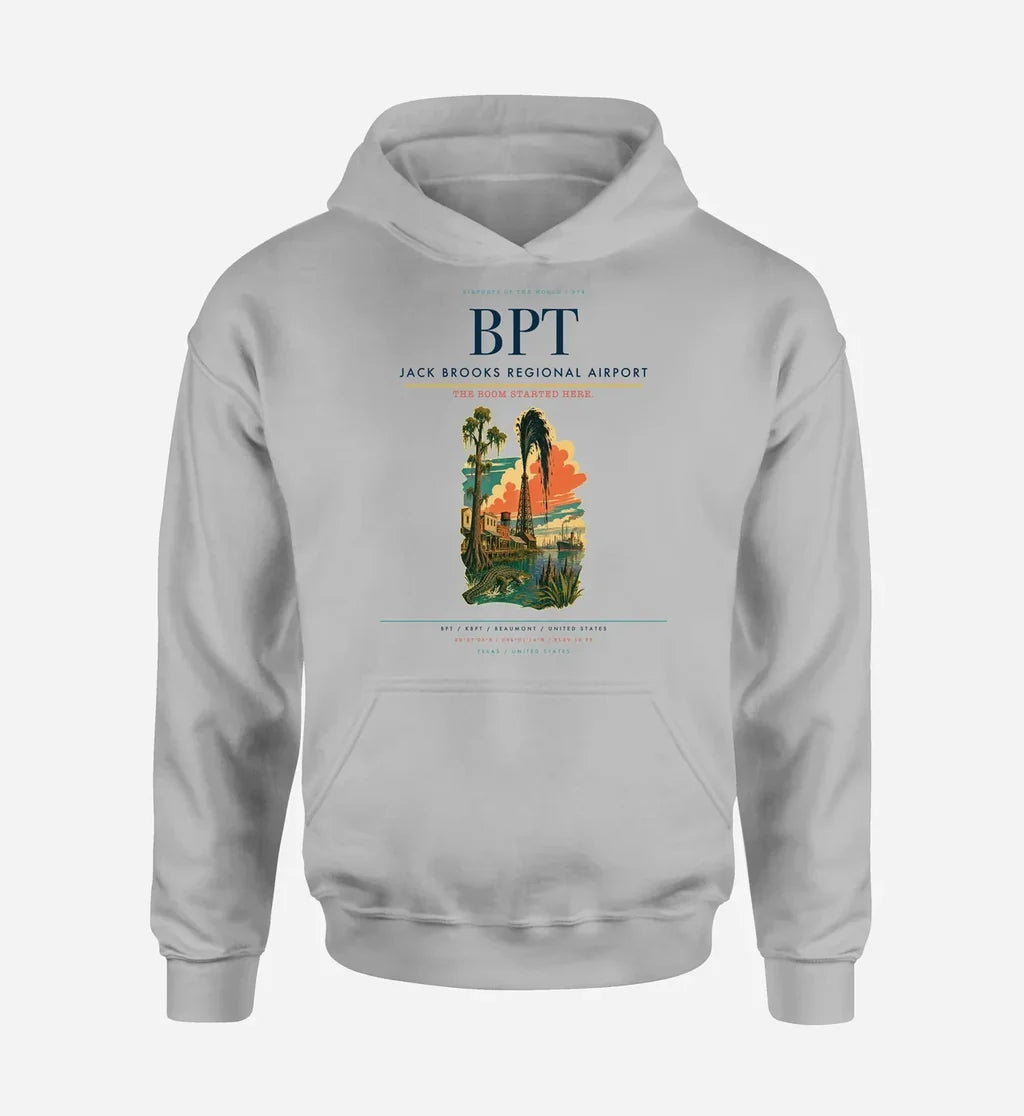 Jack Brooks Regional Airport (BPT) design on light gray hoodie single-side print