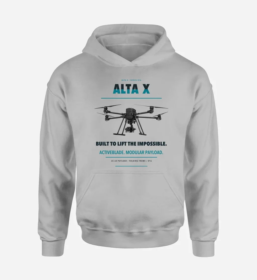Freefly Alta X design on light gray hoodie single side