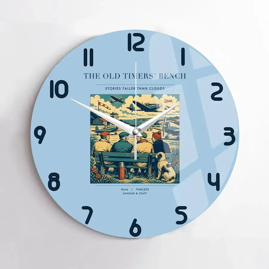 VINTAGE G4140 - The Old Timers' Bench - Designed Wall Clocks design on lightblue no-frame