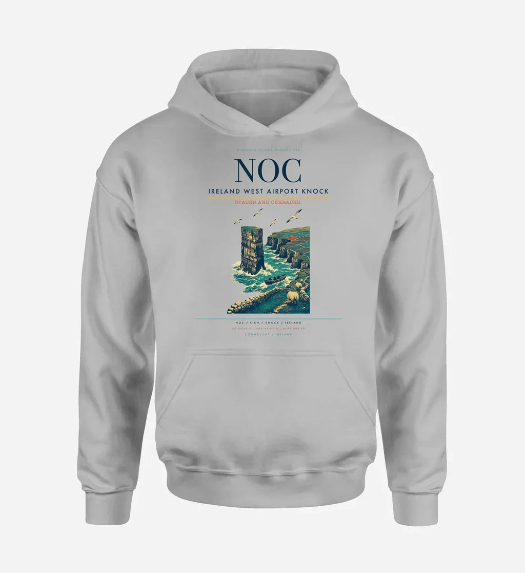 Ireland West Airport Knock (NOC) design on light gray hoodie single-side print