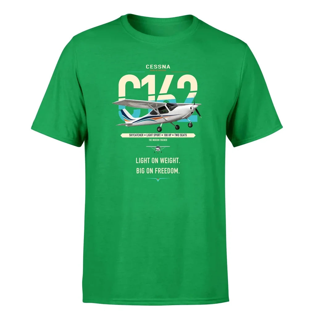 Cessna 162 Skycatcher design on green t-shirt, single-side print